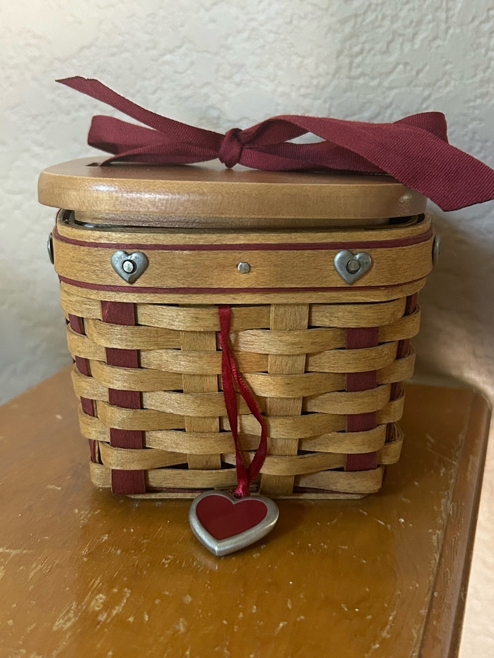 Small Longaberger Handwoven Basket with Deep Red Accent and Hearts